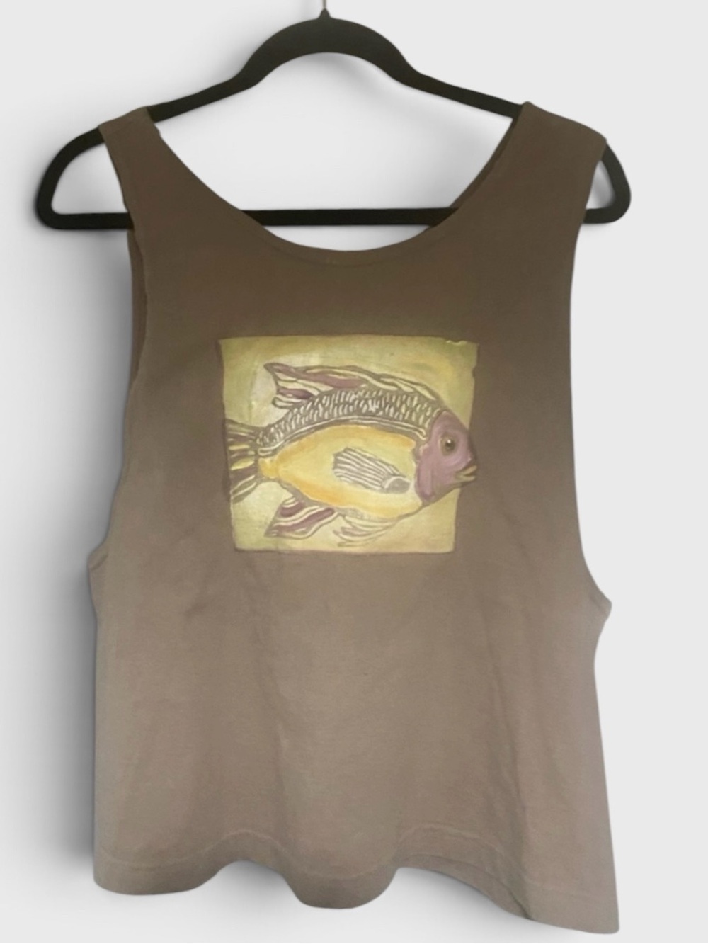 829 Vintage Blue Fish Organic Cotton Fish Brown Tank Top
